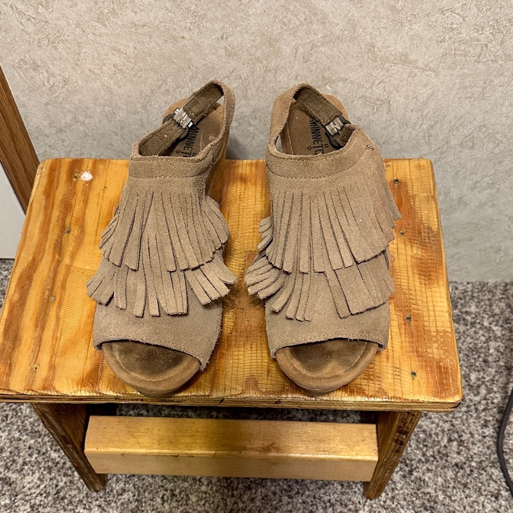 Minnetonka Fringe Suede Open-Toe Wedges